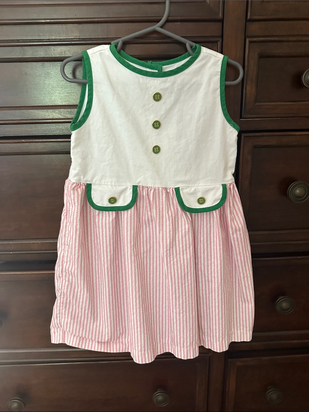 bella bliss White Bodice Pink Seersucker Dress with Green Trim